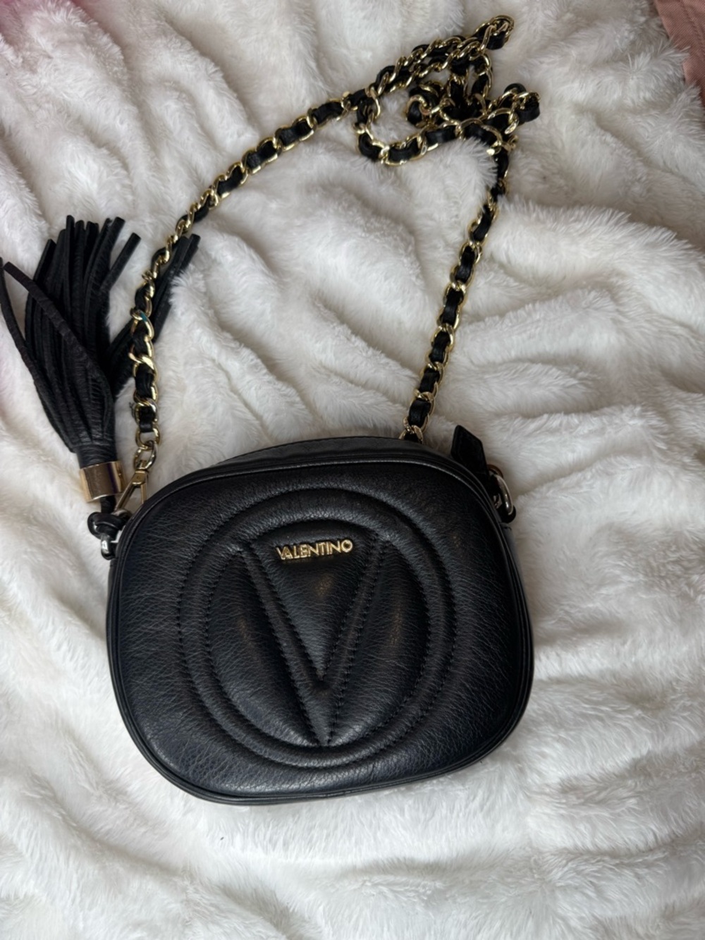 Valentino Black Quilted Leather Crossbody with Gold Chain & Tassel